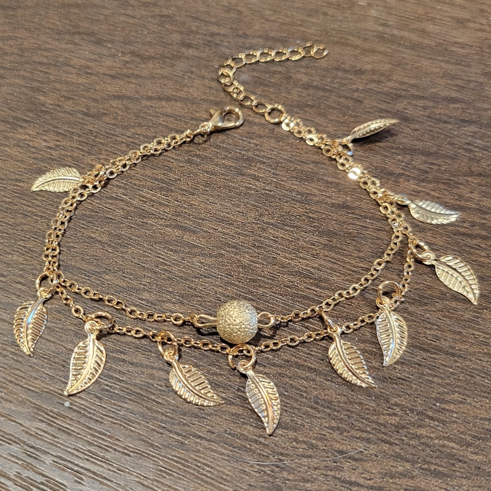 14K Leaf Gold Plated Anklet NEW